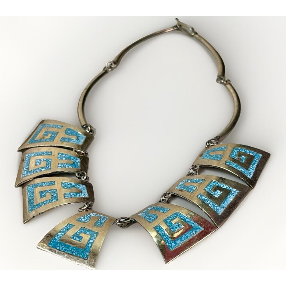Vintage Mexico Alpaca Silver Turquoise Chip Inlay Collar Statement Necklace - Picture 5 of 12